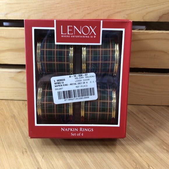 LENOX Set 4 Holiday Nouveau CHRISTMAS Design NAPKIN RINGS  LENOX Set 4 Holiday Nouveau CHRISTMAS Design NAPKIN RINGS Plaid Gold Green NEW
